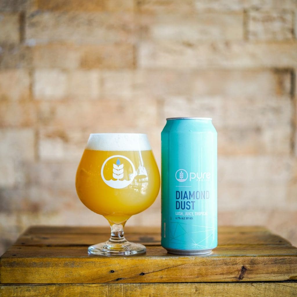 Can and glass of Pure Project's core murky IPA, Diamond Dust