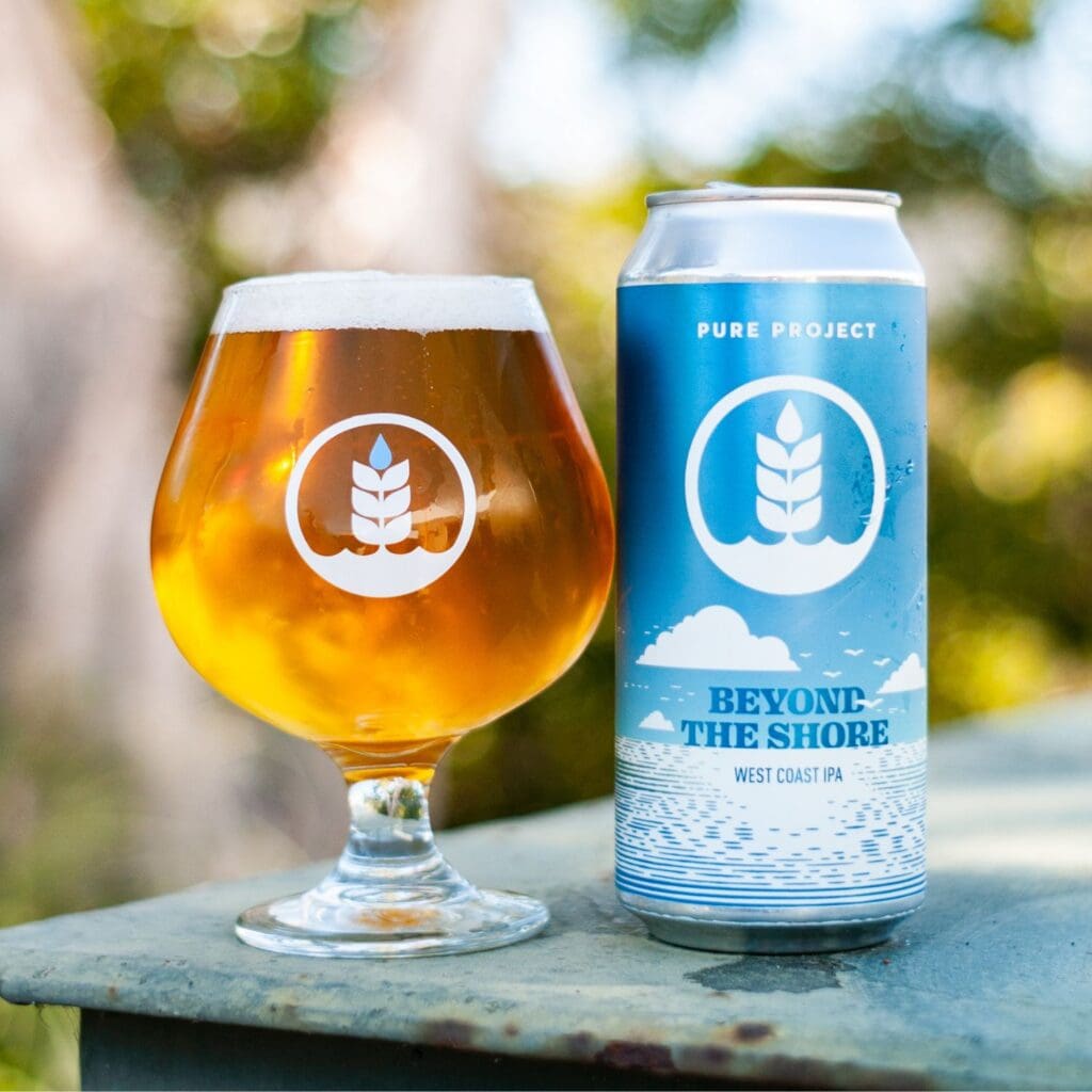 Can and pour of Beyond the Shore West Coast IPA (collab w/ MadeWest)